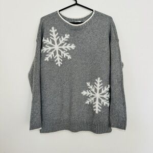 J Jill Sweater Womens Small Gray Chenille Snowflake Intarsia Holiday Rustic Cozy